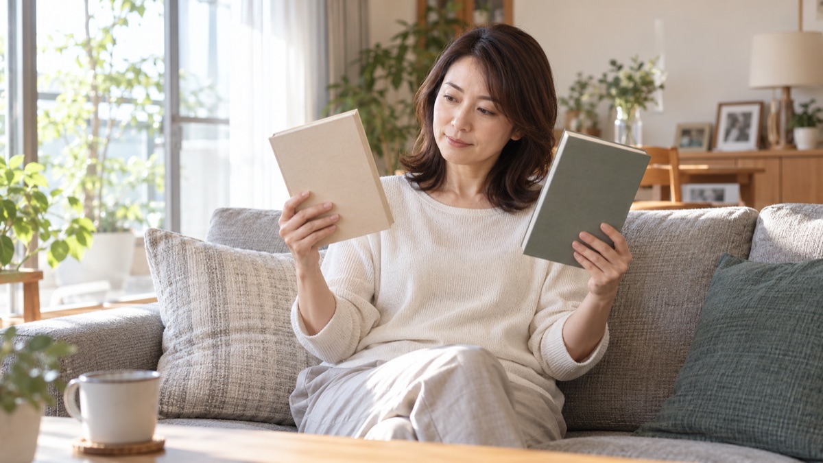 休日の自宅のソファで、ベストセラーの本を2冊持って見比べる女性
