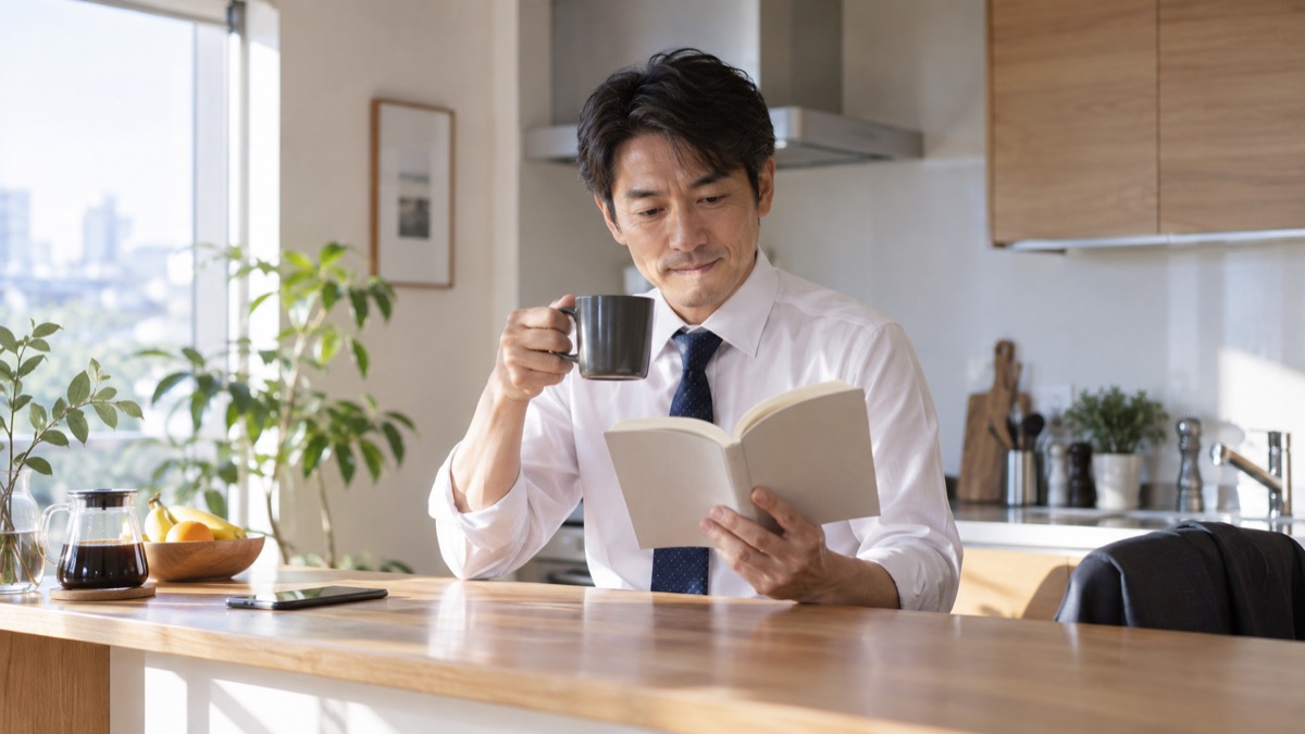 出勤前の自宅のキッチンで、コーヒーを片手に本を数ページ読む男性