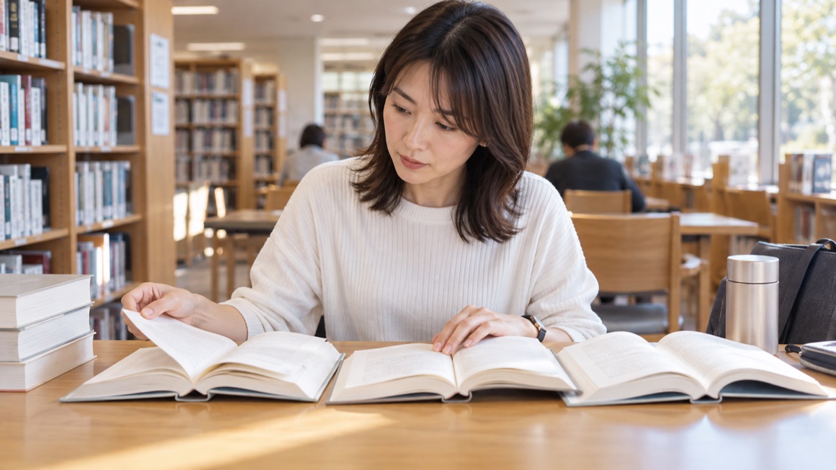 図書館の閲覧席で、数冊の本の目次を開いて見比べる女性