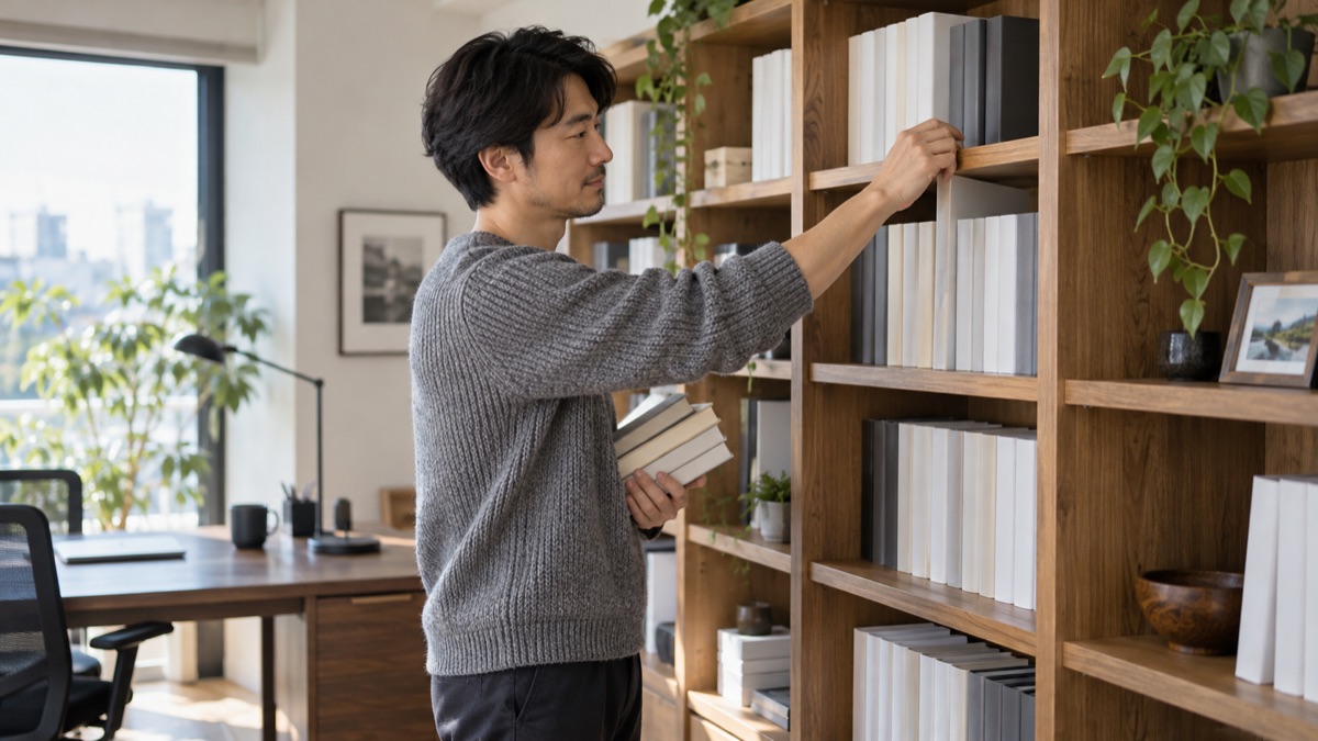 自宅の書斎の本棚の前で、本をテーマごとに並べ替える男性