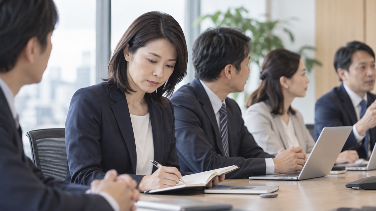 社内会議で、発言の番を待ちながら手元のメモに目を落とす女性会社員