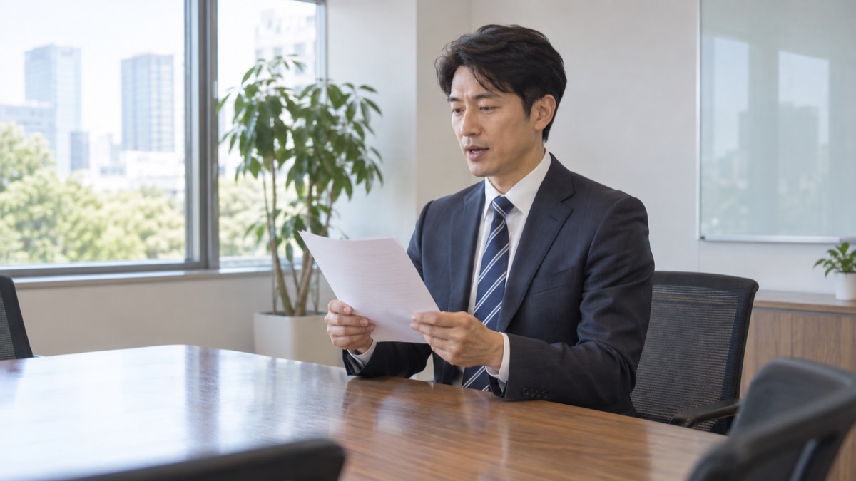 静かな小会議室で、原稿を手に声に出して読む練習をする男性会社員