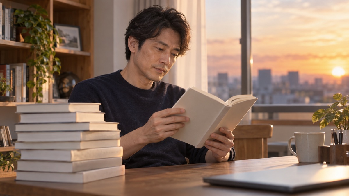 夕方の自宅の机で、積んだ本の山から1冊だけ手に取って開く男性