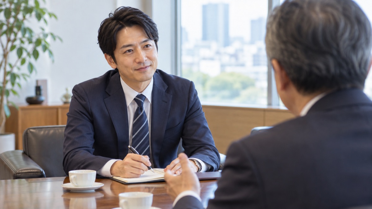 取引先の応接室で、相手の話にうなずきながらメモを取る男性営業
