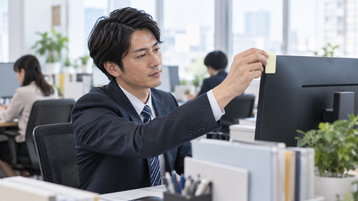 朝のオフィスの自席で、今週試すことの付箋をモニターに貼る男性会社員