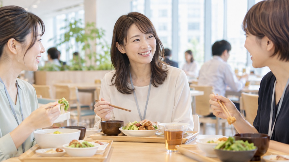 社員食堂で、同僚と昼食をとりながら笑顔で話を聞く女性会社員