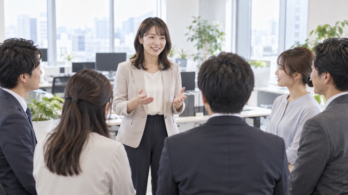 朝礼で、半円に並んだ同僚の前で短く話す女性会社員