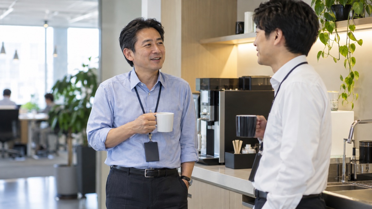 オフィスの給湯スペースで、コーヒーを手に同僚と雑談する男性会社員