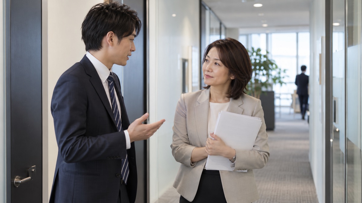 オフィスの廊下で、先輩に立ち話で短く相談する若手の男性会社員