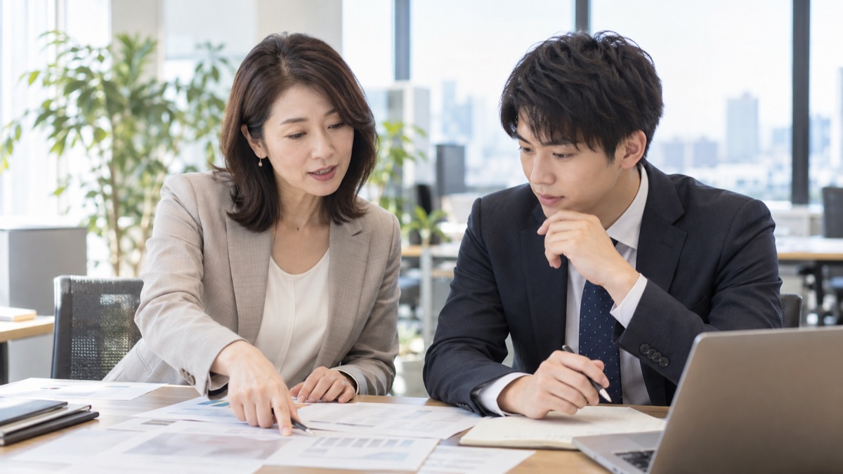 オフィスの打ち合わせスペースで、資料を指しながら後輩に説明する女性会社員