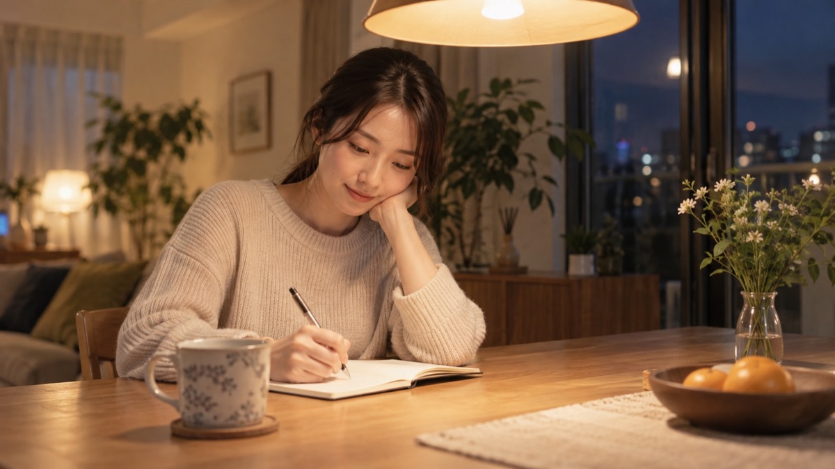 夜の自宅のダイニングで、ノートに今日のことを1行書いて振り返る女性