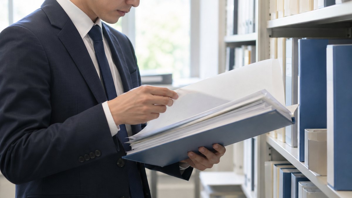 昼、社内の資料室の棚の前で、30代の男性人事担当が過去の研修の厚いファイルを手に取り、ページをめくって確かめている近景。ファイルの背表紙や書類の文字は見えない。顔ははっきり写らない。文字は無い