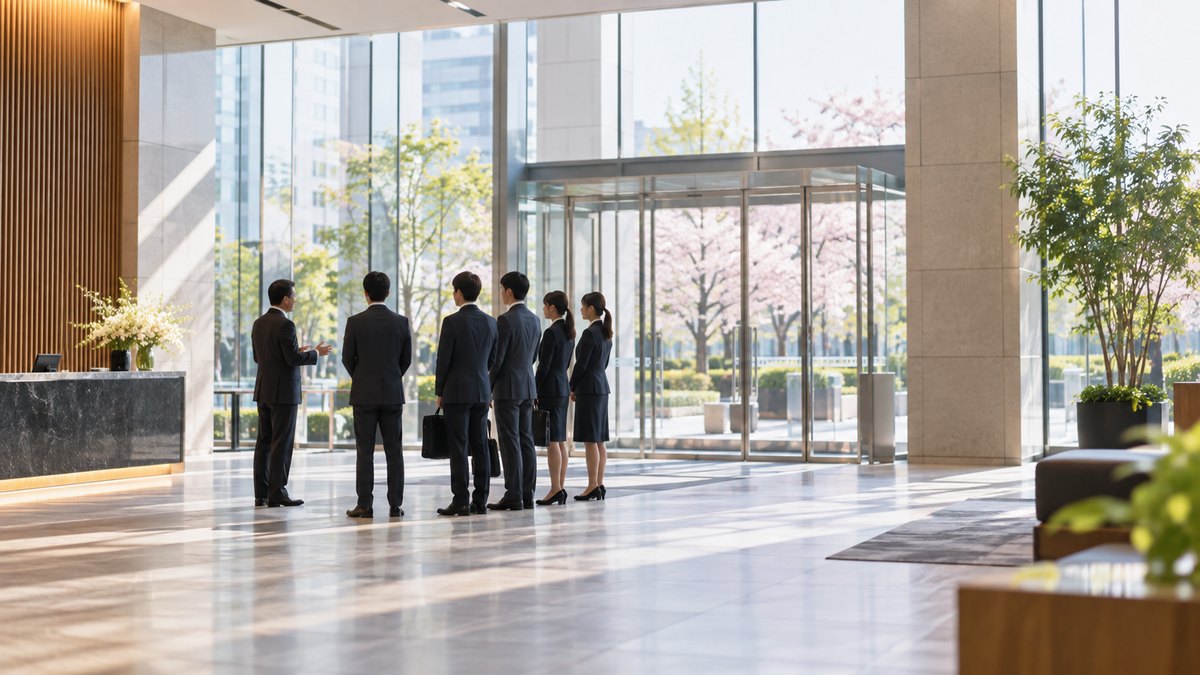 春の朝、会社の1階のエントランスロビーで、スーツ姿の20代の新入社員5人が並んで立ち、40代の男性の教育担当から説明を聞いている遠景。案内表示の文字は見えない。顔ははっきり写らない。文字は無い