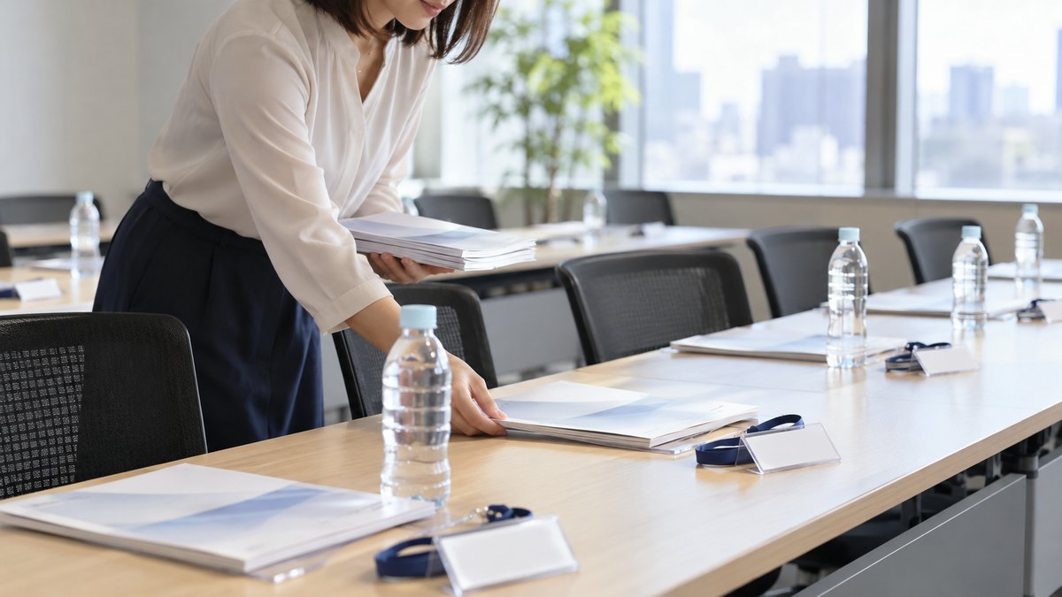朝、研修前の会議室で、30代の女性社員が長机の上に冊子と名札と水のペットボトルを席ごとに並べて準備している近景。冊子と名札の文字は見えない。顔ははっきり写らない。文字は無い