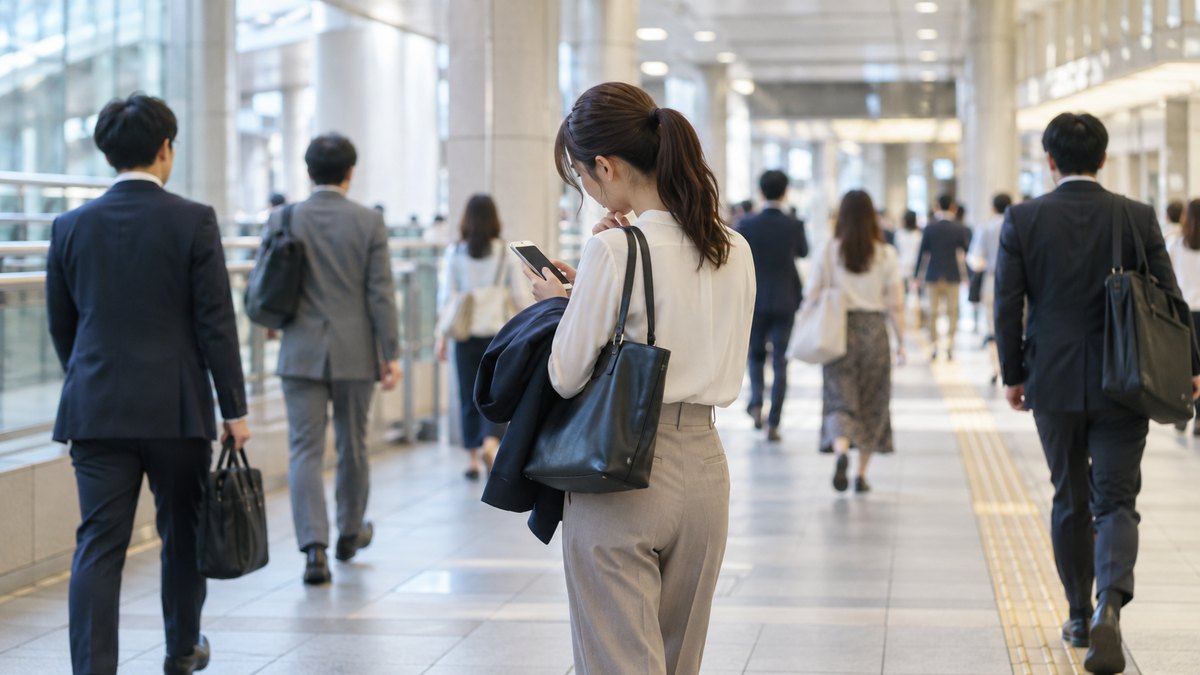 平日の朝、駅の地下コンコースを歩きながら、20代の女性会社員がスマホで会社からの研修の案内を見て、少し困ったように首をかしげている遠景。スマホの画面は見えない。顔ははっきり写らない。文字は無い