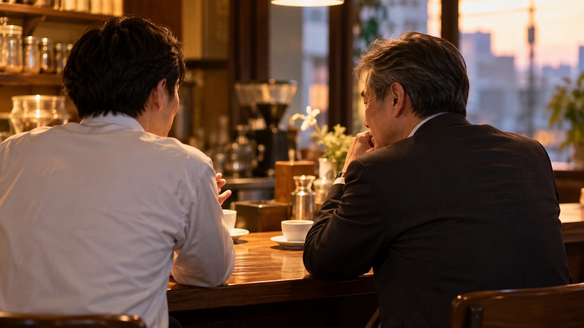 夕方、会社近くの小さな喫茶店のカウンター席で、50代の男性部長が隣に座った30代の男性部下の話を聞きながら、ゆっくりうなずいている近景。メニューの文字は見えない。顔ははっきり写らない。文字は無い