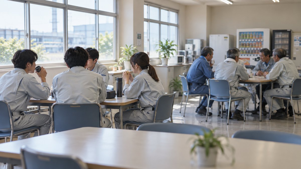 昼、工場の休憩室で、作業服を着た20代の若手社員たちと50代のベテラン社員たちが、それぞれ別のテーブルに分かれて座り、休憩している遠景。掲示物や自動販売機の文字は見えない。顔ははっきり写らない。文字は無い