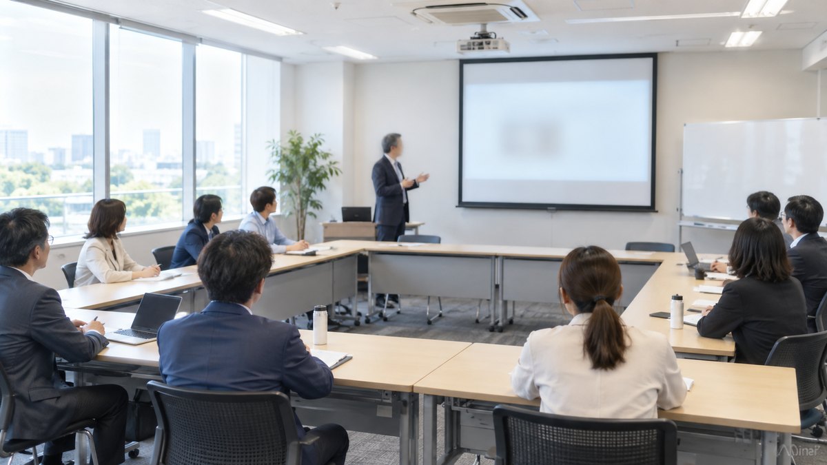 午前、貸し研修室の明るい部屋で、ロの字に並べた机に30代から50代の社員10人ほどが座り、前に立つ50代の男性講師の話を聞いている遠景。顔ははっきり写らない。スクリーンや資料の文字は見えない