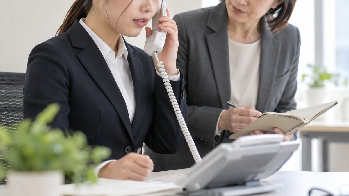 朝、オフィスの研修用の小部屋で、スーツ姿の20代の新入社員の女性が机の電話の受話器を耳に当て、隣で40代の女性の先輩がメモを見ながら見守っている近景。顔ははっきり写らない。メモの文字は読めない
