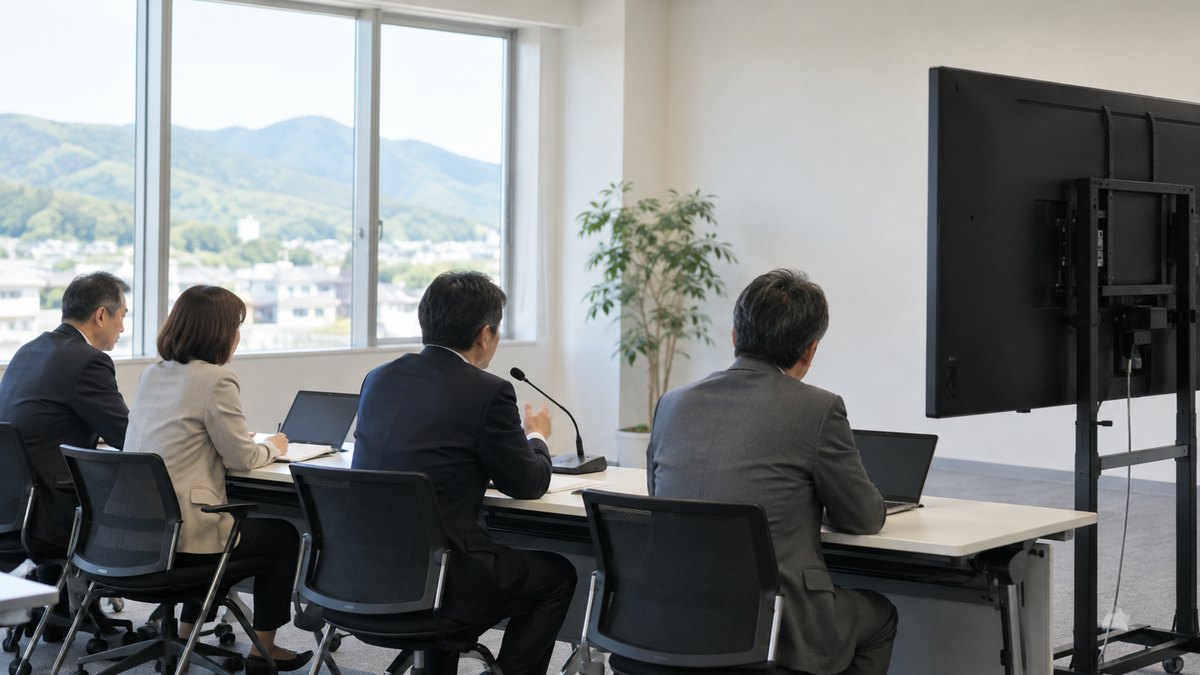 午前、地方の支社の会議室で、40代から50代の社員4人が長机に並んで座り、正面の大きなモニターに向かってオンライン研修を受け、1人がマイクに向かって話している遠景。モニターの画面は見えない角度。顔ははっきり写らない。文字は無い