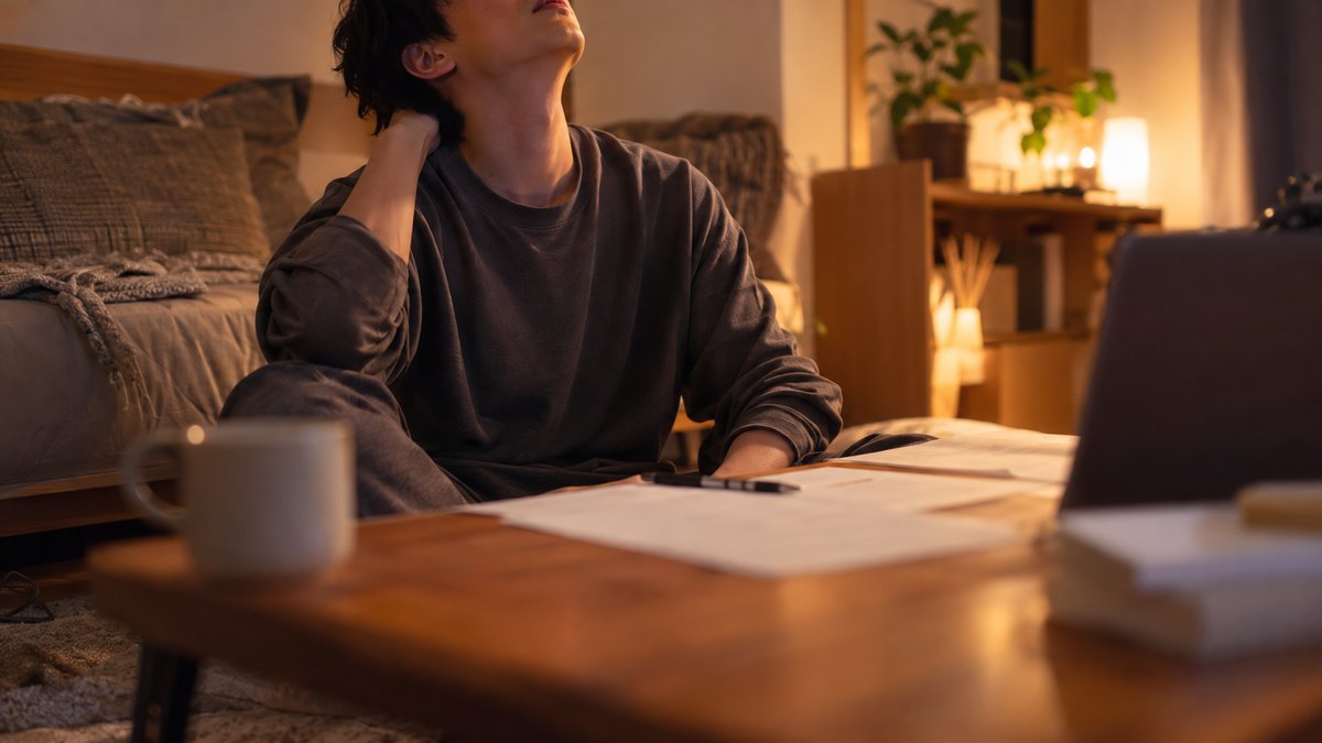 平日の夜、ワンルームの自宅のローテーブルで、部屋着の20代の男性会社員が床に座り、白紙に近い報告用紙とペンを前にして、天井を見上げてため息をついている近景。間接照明の暖かい光。窓の外の景色は写さない。紙の文字は読めない。顔ははっきり写らない