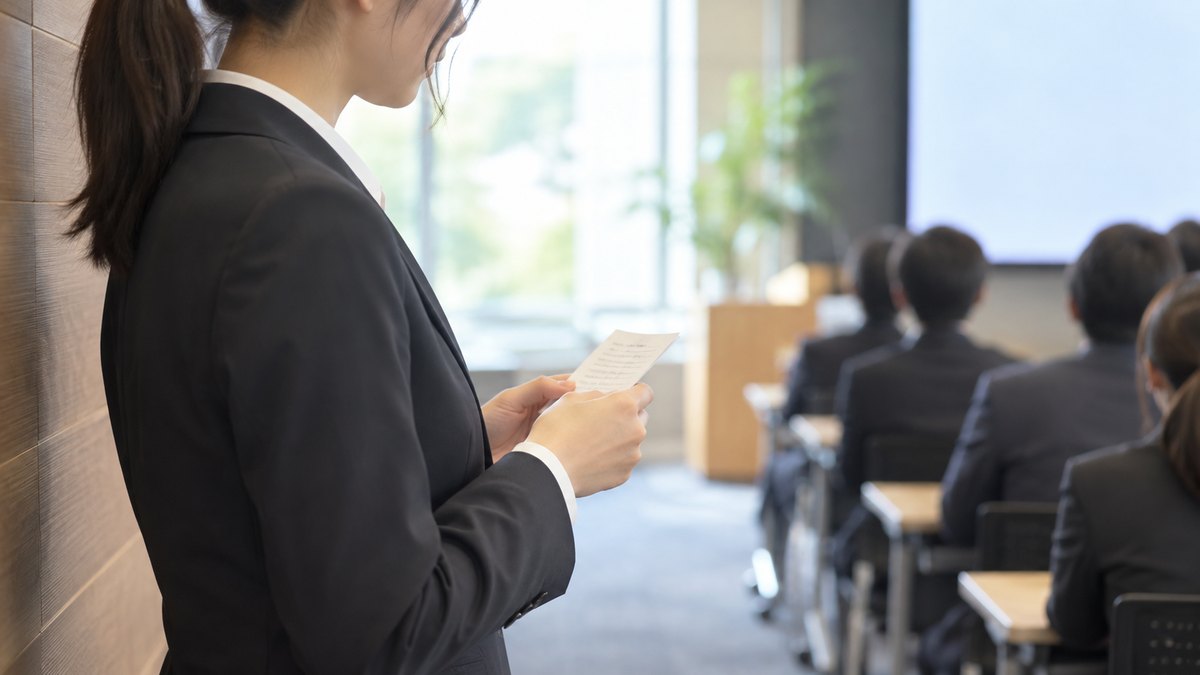 午後、研修室の前方の壁ぎわで、スーツ姿の20代の女性社員が発表の順番を待ちながら、手元の小さなメモを両手で握って見つめている近景。メモの文字は読めない。顔ははっきり写らない