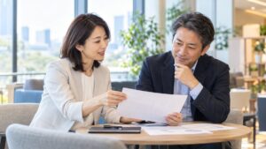 明るい社内の打ち合わせスペースで、1枚の資料を見せ合いながら研修について相談する40代の女性人事担当と50代の男性部長