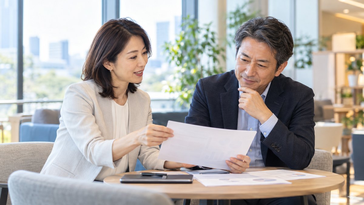 明るい社内の打ち合わせスペースで、1枚の資料を見せ合いながら研修について相談する40代の女性人事担当と50代の男性部長