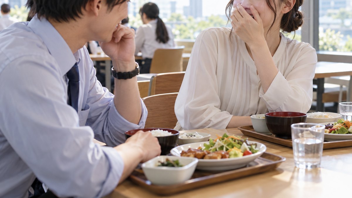 昼休み、社員食堂の窓ぎわのテーブルで、20代の男女の若手社員2人が定食を前に、午前中に受けた研修の話をしながら苦笑いしている近景。顔ははっきり写らない。文字は無い
