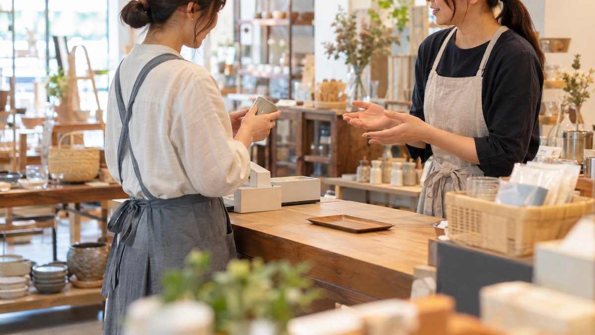 開店前の雑貨店の店内で、エプロン姿の20代と30代の女性店員2人が、レジカウンターをはさんでお客様役と店員役になり、接客の練習をしている近景。顔ははっきり写らない。商品や値札の文字は見えない