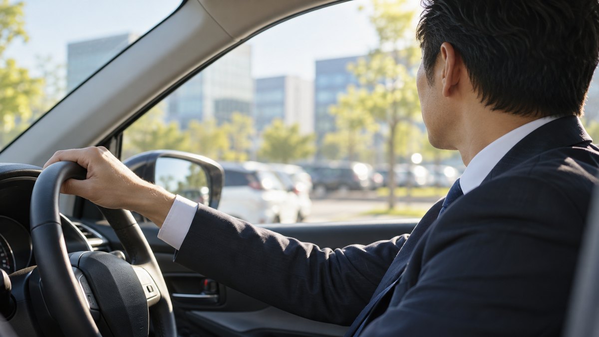 朝、会社の駐車場に止めた社用車の運転席で、商談に向かう前の40代の男性営業がハンドルに手を置き、窓の外を見ながら気持ちを整えている近景。顔ははっきり写らない。文字は無い