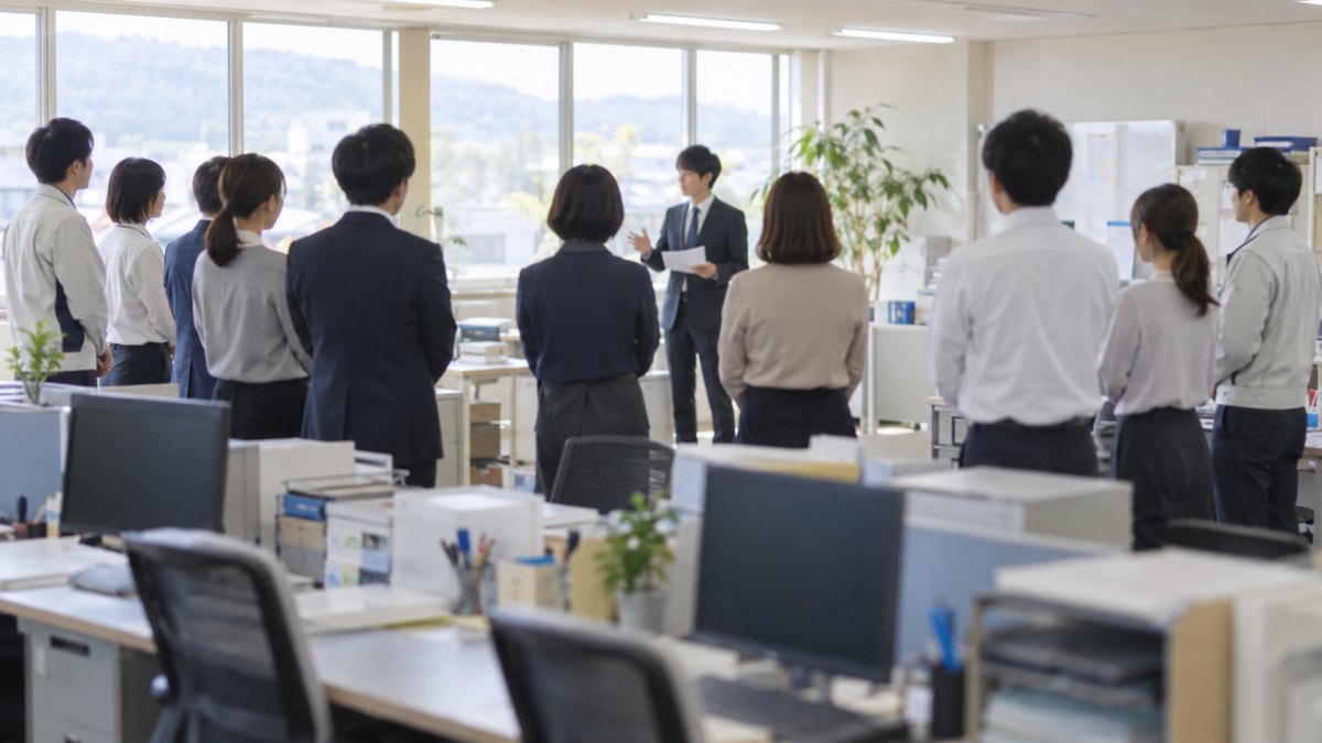 朝、営業所の事務スペースで、10人ほどの社員が立って並ぶ朝礼の中、20代後半の男性社員が前に出て短く話し、ほかの社員が聞いている遠景。顔ははっきり写らない。掲示物の文字は見えない