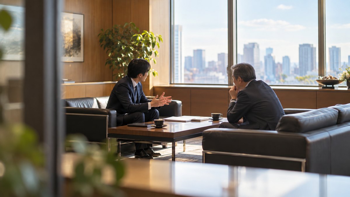 午後、取引先の会社の応接室で、30代の男性営業がソファに浅く座り、テーブル越しに50代の男性の担当者に身ぶりを交えて話し始めている遠景。顔ははっきり写らない。資料の文字は見えない