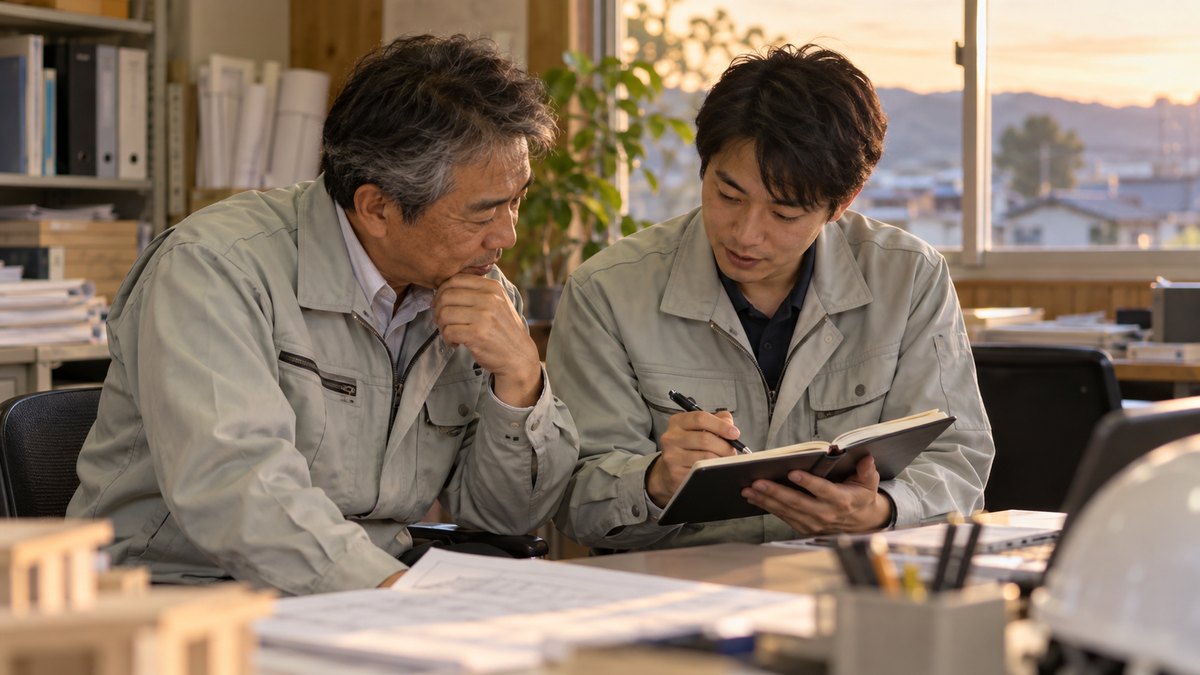 夕方、地方の工務店の事務所で、作業着の上着をはおった50代の男性所長と30代の男性社員が、事務机の横に椅子を寄せて並んで座り、所長が社員の手帳をのぞきこみながら話を聞いている近景。棚や図面の文字は見えない。高層ビルは写さない。顔ははっきり写らない