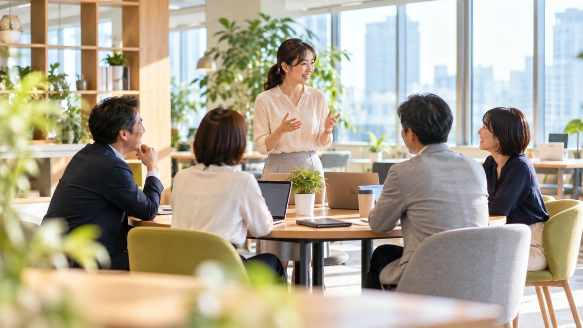 朝、オフィスの丸テーブルで、30代から50代の社員5人が集まり、1人の女性社員がこの1か月に職場で試したことを話し、ほかの人が笑顔で聞いている遠景。顔ははっきり写らない。資料の文字は見えない
