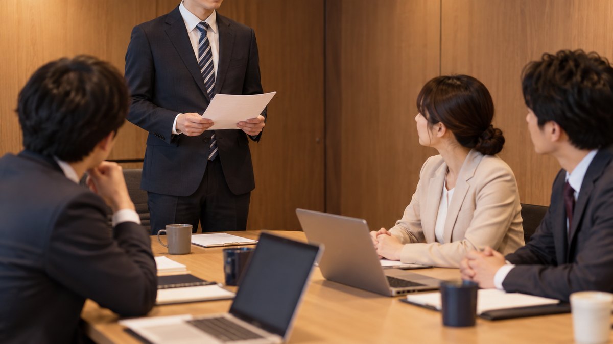 午前、窓のない木目の壁の小さな会議室で、30代の男性社員が椅子から立ち上がり、テーブルを囲んで座る上司と同僚の4人に向かって発表を始めようとして、手元の紙を持ったまま一呼吸おいている近景。暖色の照明。高層ビルや窓の景色は写さない。顔ははっきり写らない。紙の文字は読めない