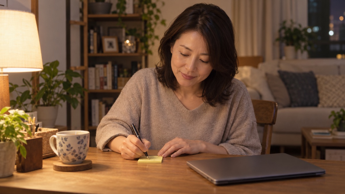 悪口を言う代わりに次にしてほしいことを付箋に書き出す女性