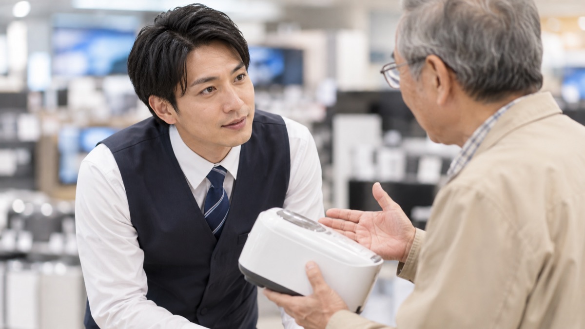 家電量販店の売り場で男性客の話にうなずいて耳を傾ける店員