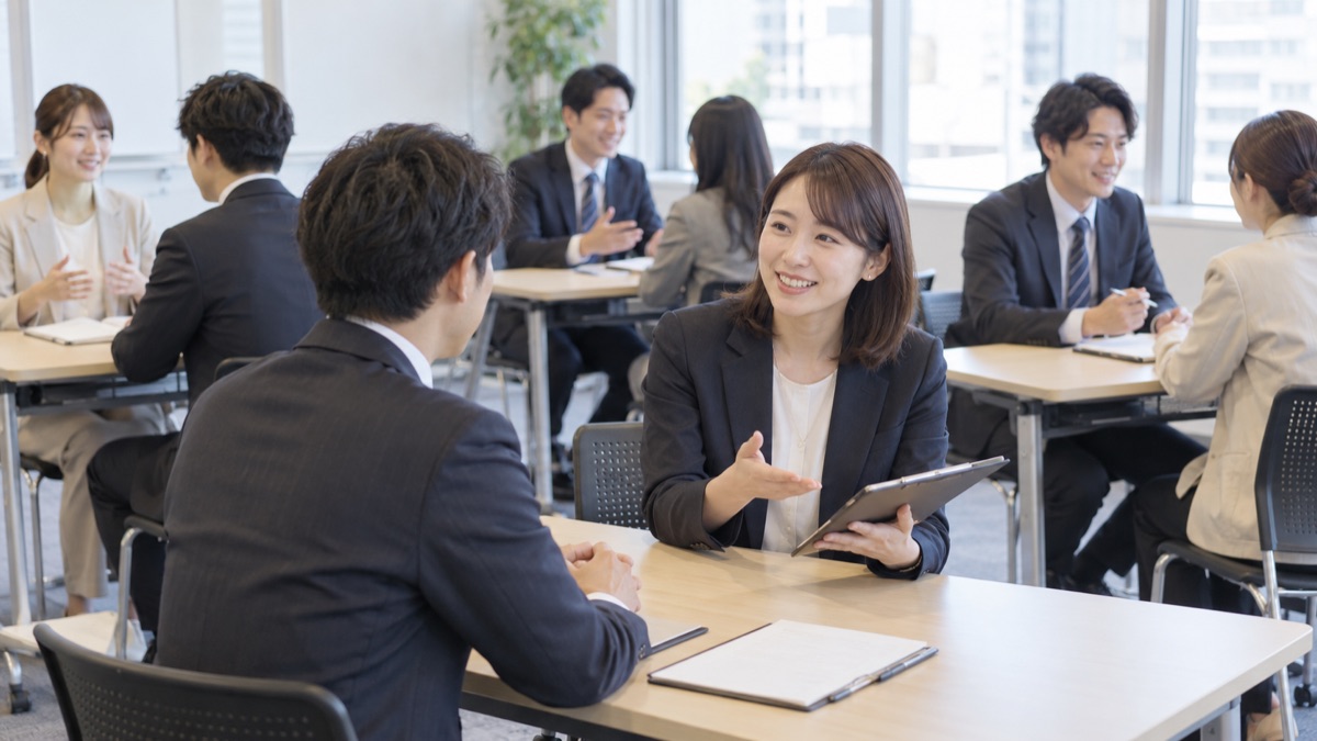 研修室で客役と店員役に分かれて対応を練習する社員たち