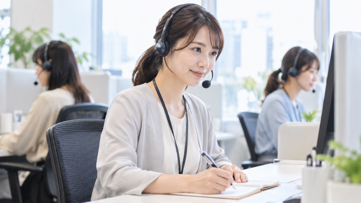 コールセンターでヘッドセットをつけてメモを取りながら話を聞く女性