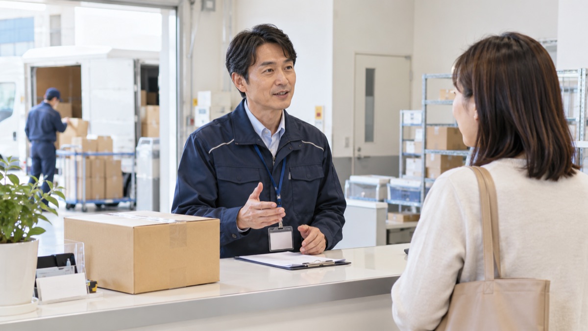 宅配便の営業所の受付で落ち着いて説明する男性スタッフ