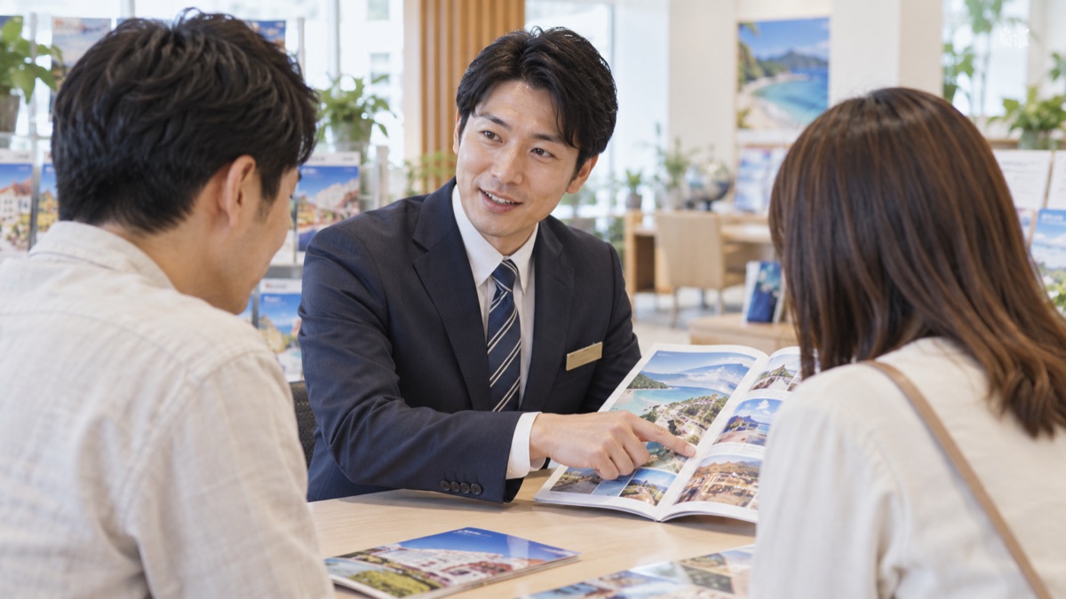旅行会社のカウンターでパンフレットを指して説明する男性スタッフ