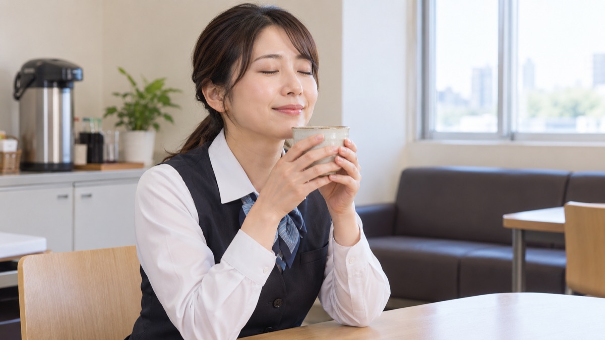 店舗の休憩室で温かいお茶を手に一息つく制服の女性