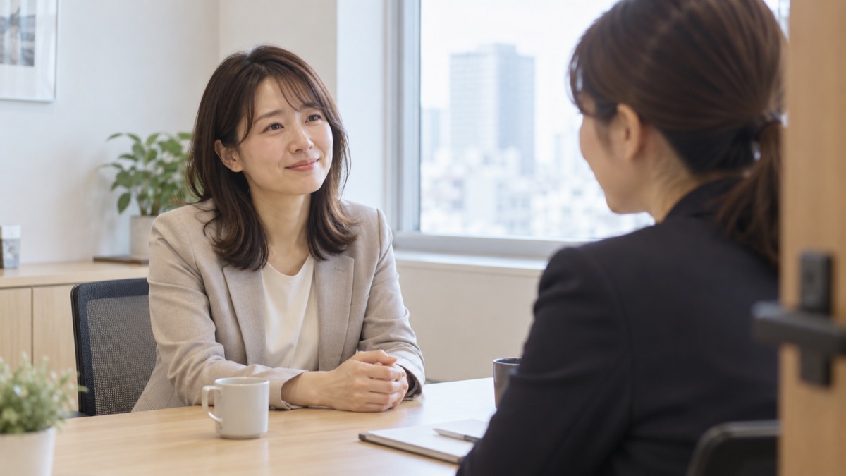 オフィスの面談室で同僚に話を聞いてもらう女性