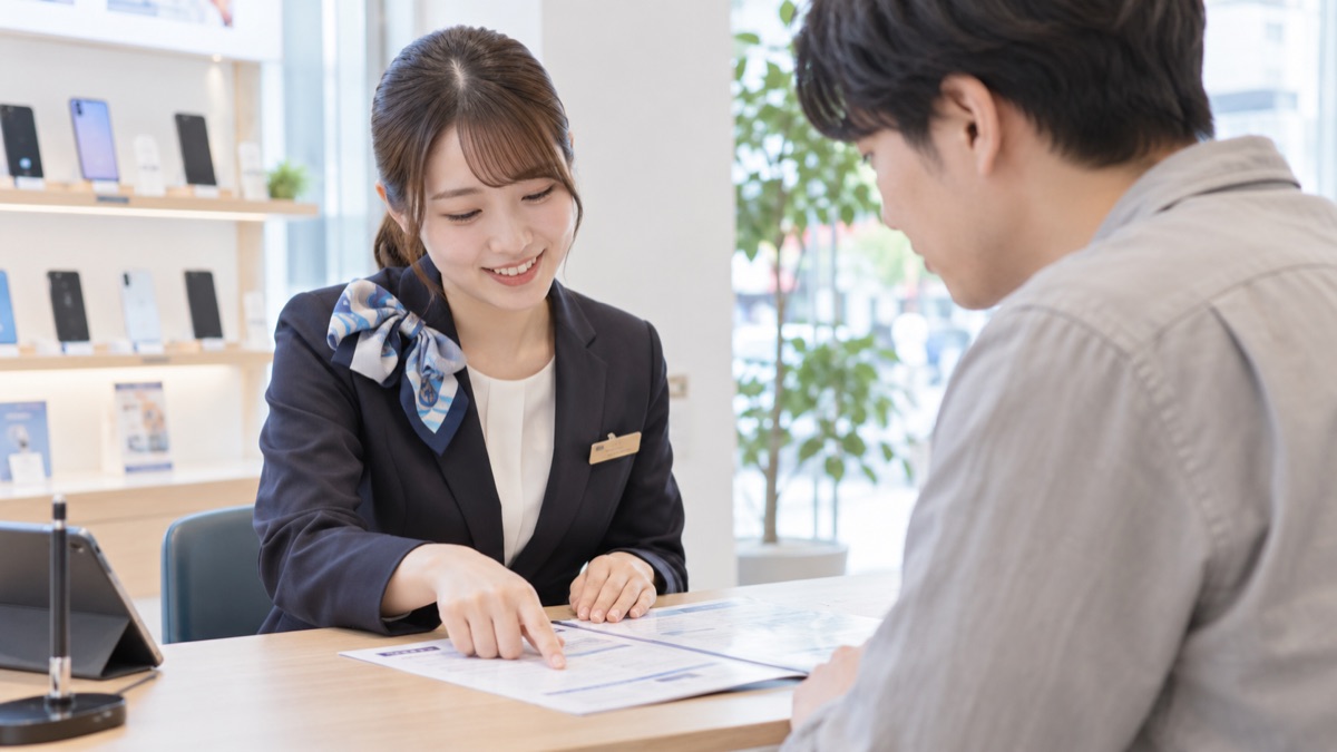 携帯電話ショップの窓口で書類を客と一緒に確認する女性スタッフ