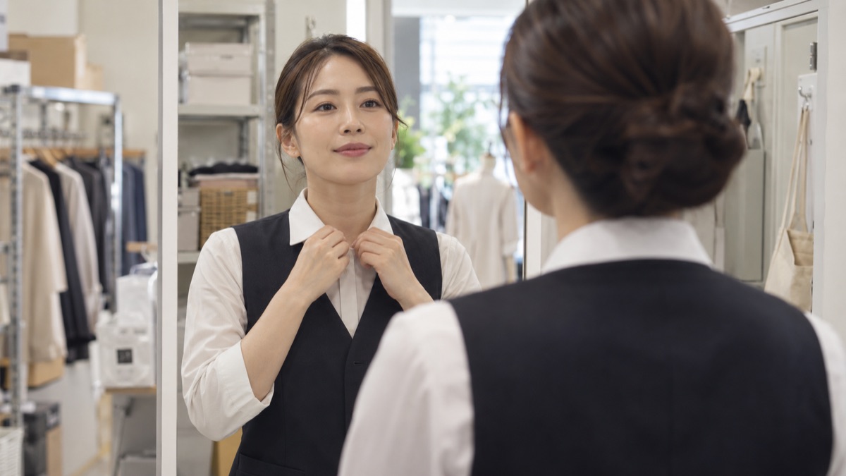 開店前のバックヤードで鏡を見て身だしなみと表情を整える女性販売員