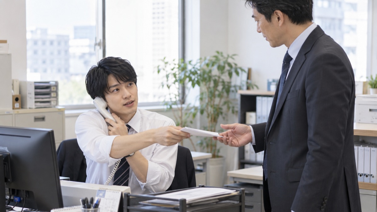 事務所で受話器を持ったまま上司にメモを手渡す男性社員