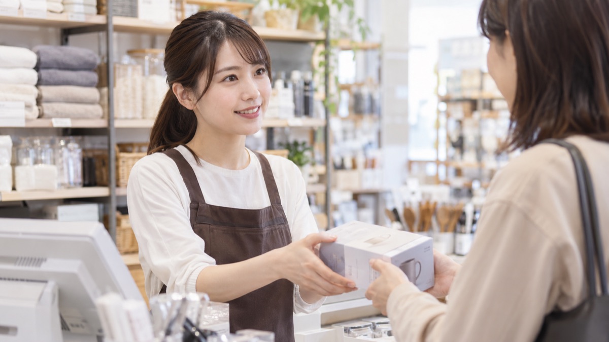 日用品店のレジカウンターで商品を受け取り話を聞く女性店員