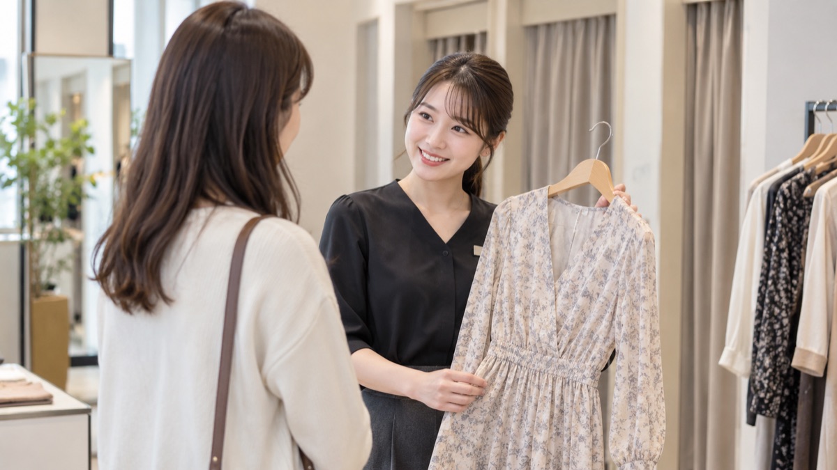 アパレルショップの試着室の前で服を手に女性客と話す店員