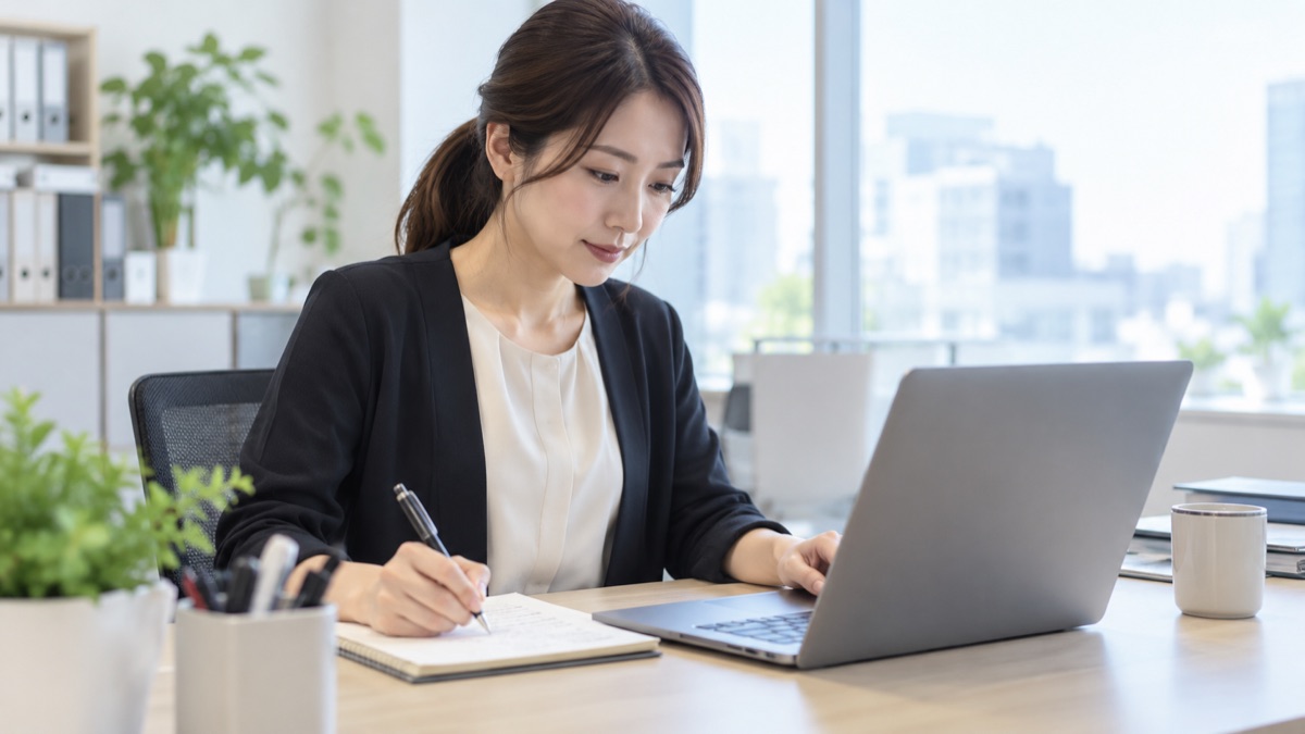 事務所の机でメモを見ながら対応の記録を入力する女性